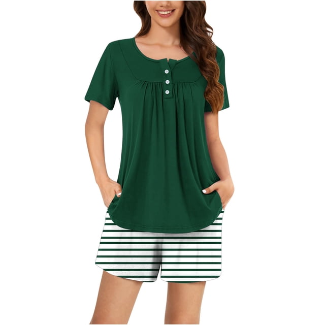 Rbaofujie Pyjama Boutonné pour Femmes Femmes Décontracté Col Rond Imprimé Blouse à Manches Courtes Pantalon Mode Ensemble de Pyjama Pyjama Aguichant pour Femmes