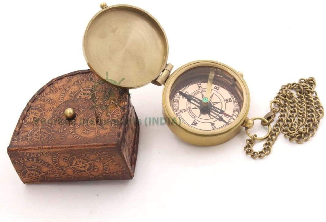 Roorkee Instruments India Brass Golden Colored Engraved Compass with Imprinted Case