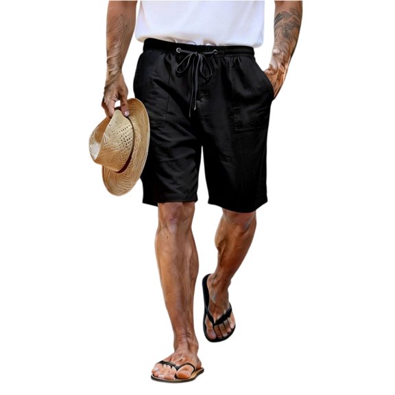 Mens 5" Linen Shorts Drawstring Elastic Waist Shorts Casual Lightweight Summer Beach Linen Shorts Flat Front Cotton Linen Daily Wear Outfit with Pockets,Black 3XL
