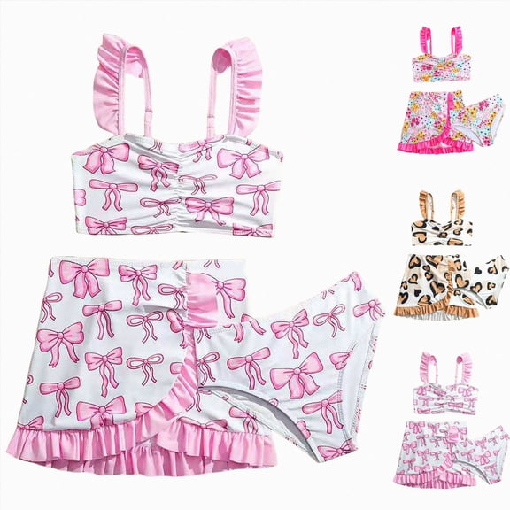 BOBOGOJP Girls Swimsuit 3-8T Quick Dry Bathing Suit 3 Piece Bikini Sets with Cover Up Skirt Swimwear with Adjustable Strap(Brown, 7-8 Years)