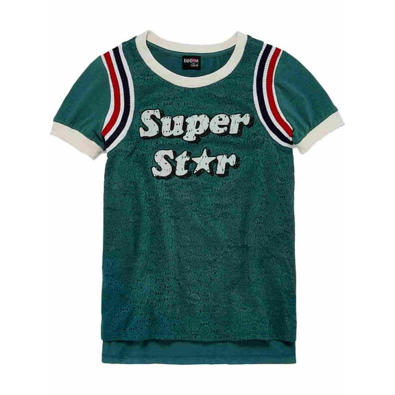 Girls Green Superstar T-Shirt Sporty Striped Lace Super Star Tee Shirt XS