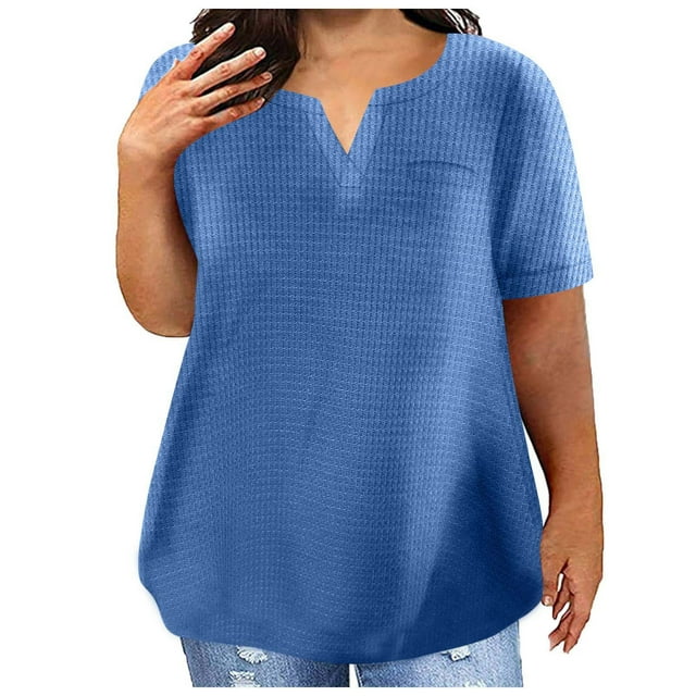 FAIWAD Womens Summer Tunic Tops Plus Size Casual Notch V Neck Tops Short Sleeve Solid Color Loose T-Shirt