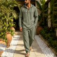 thumbnail image 2 of Delconic Mens Linen Blend Two Piece Set Hooded Half Placket Long Sleeve Shirt and Straight Leg Pants Casual Vacation Outfit Army Green L, 2 of 8