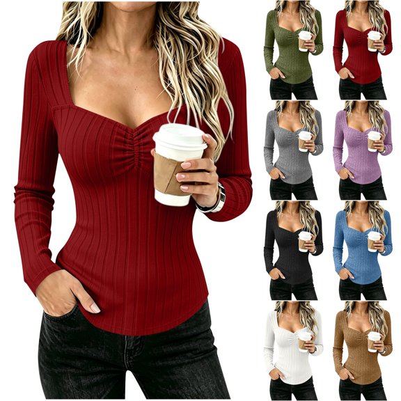 Women's Square Neck Long Sleeve Tops, Ruched Front Ribbed Knit Fitted Casual Shirts,L,Women's Plus Size