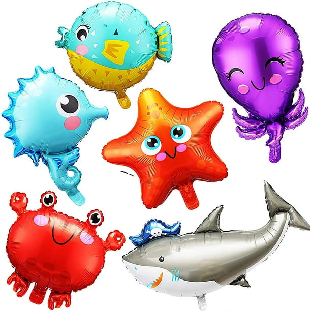6 Pieces Large Ocean Animals Foil Balloon Sea Creatures Fish Balloons Shark  Octopus Seahorse Starfish Crab Pufferfish Under The Ocean Balloons for