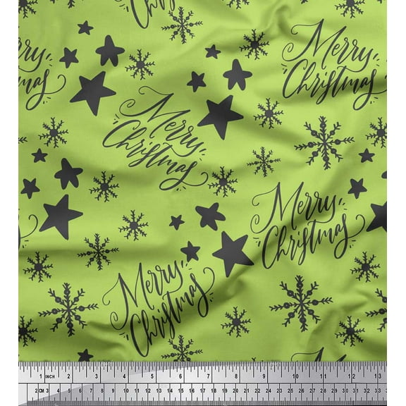 Soimoi Green Cotton Duck Fabric Star & Snowflakes Text Printed Fabric 1 Yard 42 Inch Wide