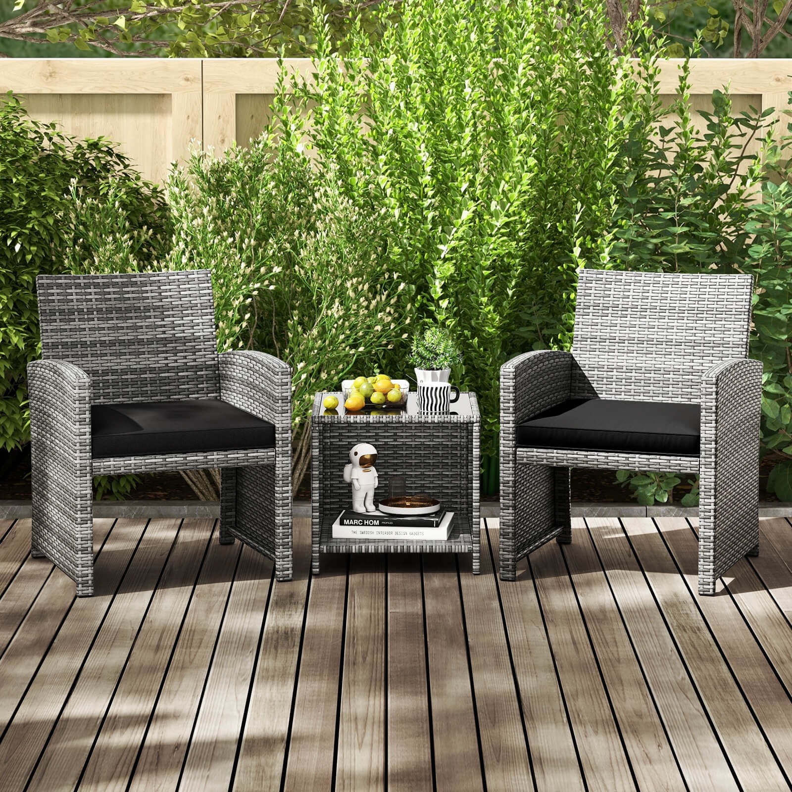 Costway 3 PCS Patio Furniture Set with Tempered Glass Coffee Table & Soft Seat Cushions Black