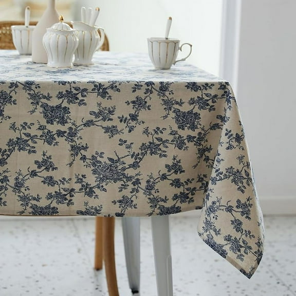 Pastoral Rectangle Tablecloth - 52 x 70 Inch - Linen Fabric Table Cloth - Washable Table Cover with Dust-Proof Wrinkle Resistant for Restaurant, Picnic, Indoor and Outdoor Dining, Floral (Dark Blue)