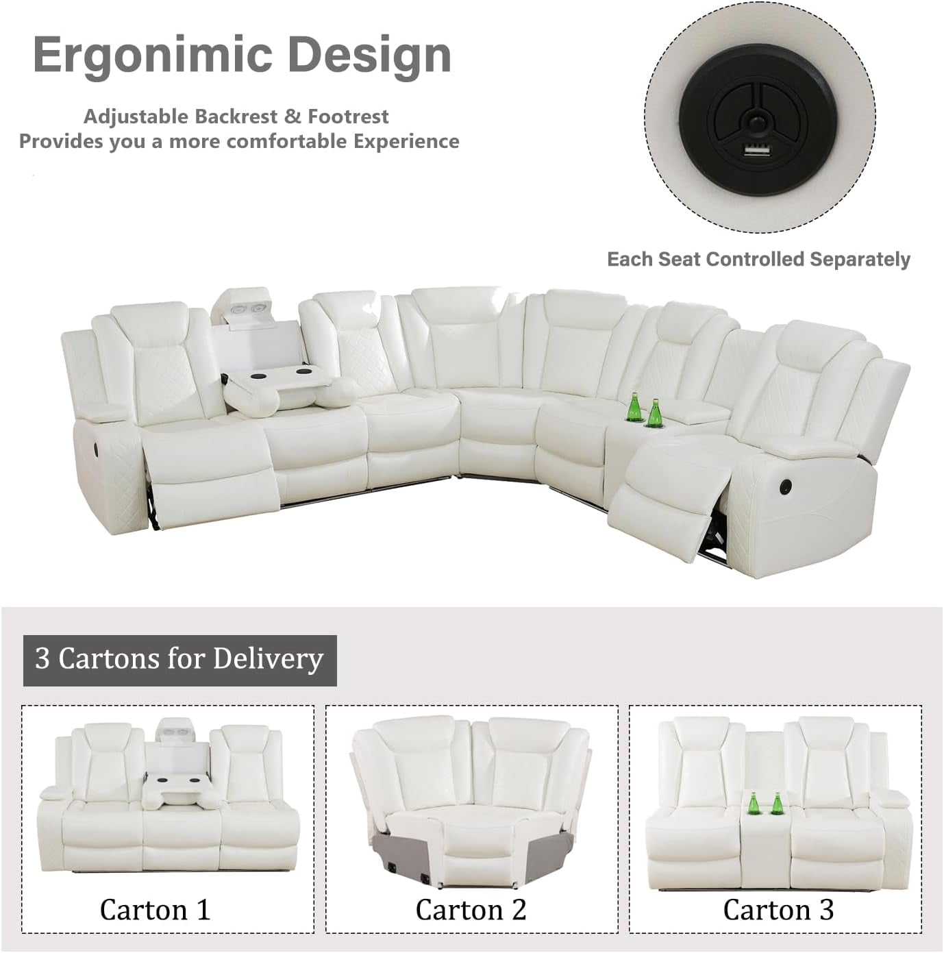 Power Reclining Sectional Sofa, Living Room Furniture Set with USB Chargers and Storage Console, Leather Recliner Sofa for Living Room/Apartment/Office/Home Theather (Creamy White)