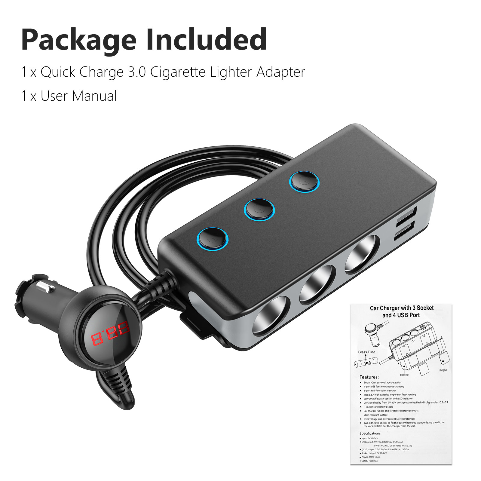 Quick Charge 3.0 Cigarette Lighter Adapter, EEEkit 120W Car Charger, 12V/24V  3-Socket Car Power DC Outlet Splitter with 2.4A USB Charging Ports, LED  Voltmeter, Power Switch