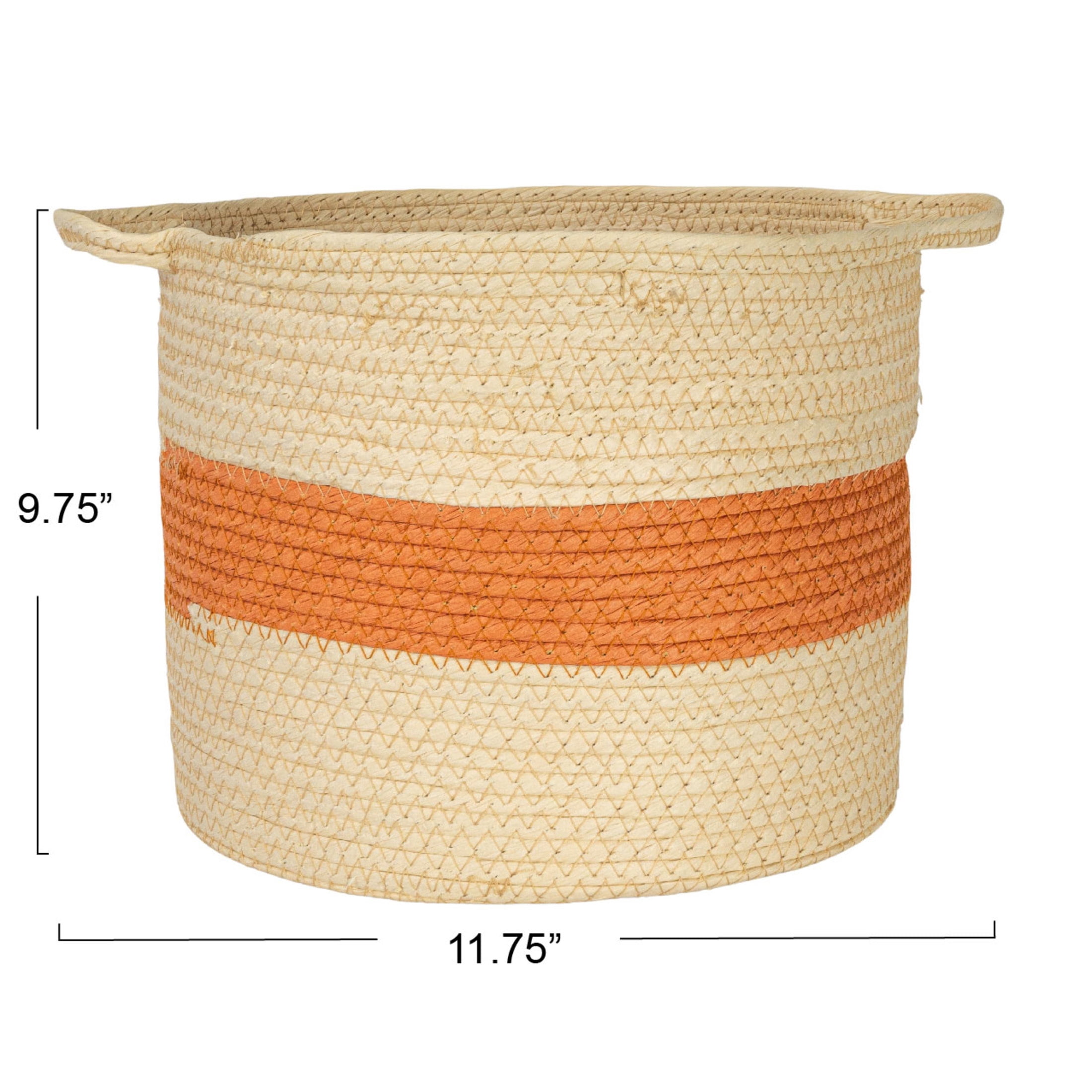 Household Essentials Round Handwoven Paper Rope Basket with Terracotta Stripe and Handles, Natural