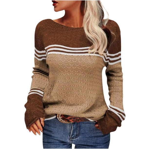 Suéter de cuello redondo para mujer, suéter de rayas de colores a juego, suéter para mujer