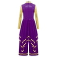 thumbnail image 4 of inlzdz Kids Girls Lyrical Praise Dance Outfit Long Sleeve Irregular Hem Worship Gold Trim Dress with Wide Leg Pants Purple 10, 4 of 5