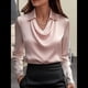 thumbnail image 5 of Camisas Elegantes de Larga con Cuello de Color Liso para Mujer, Camisetas Formales de Trabajo, Blusas Casuales de Oficina Rosa M, 5 of 6