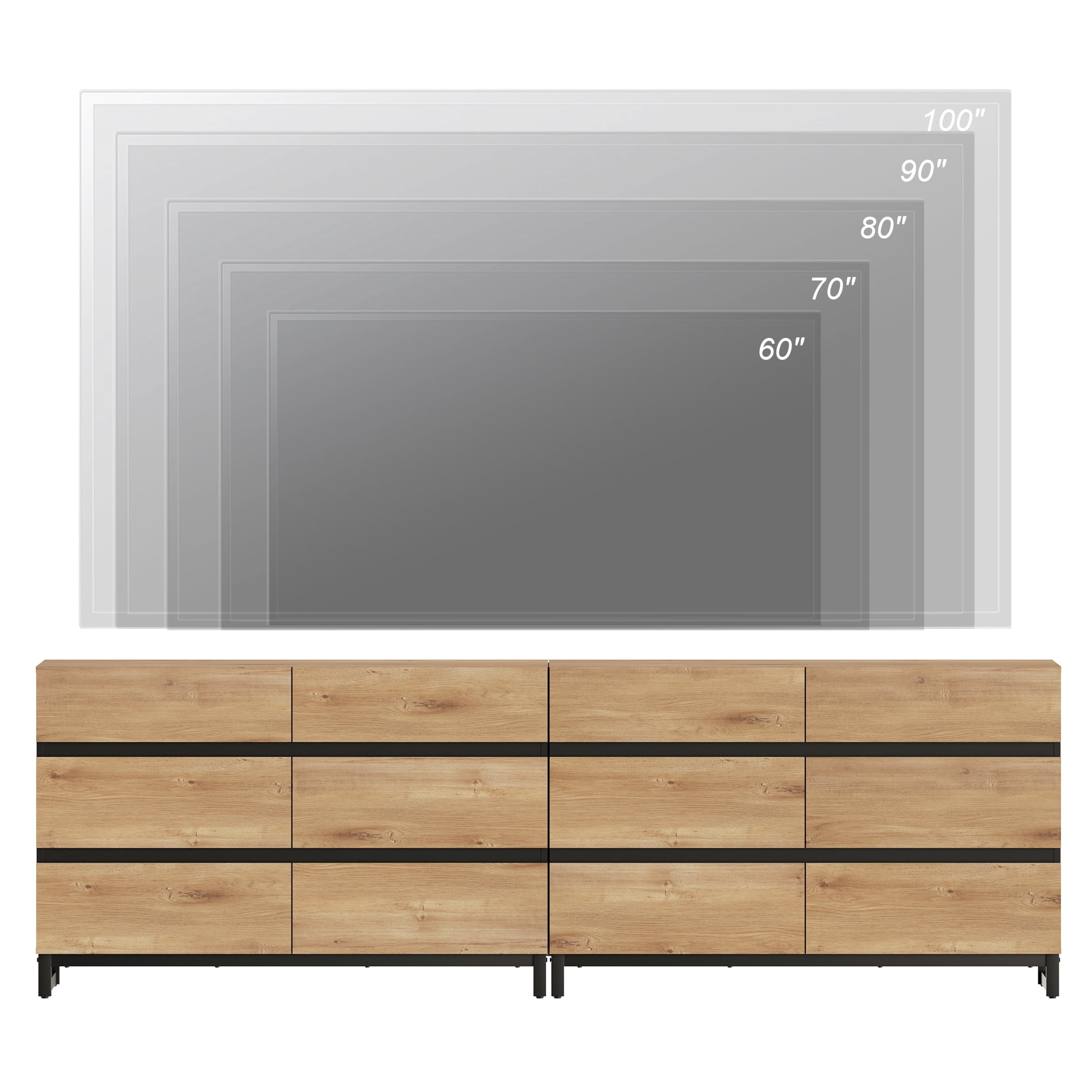 WAMPAT 12-Drawer TV Stand, Modern Large Media Console with Sturdy Metal Base, Wooden Entertainment Cabinet Fits 100 Inch TV for Living Room, Oak