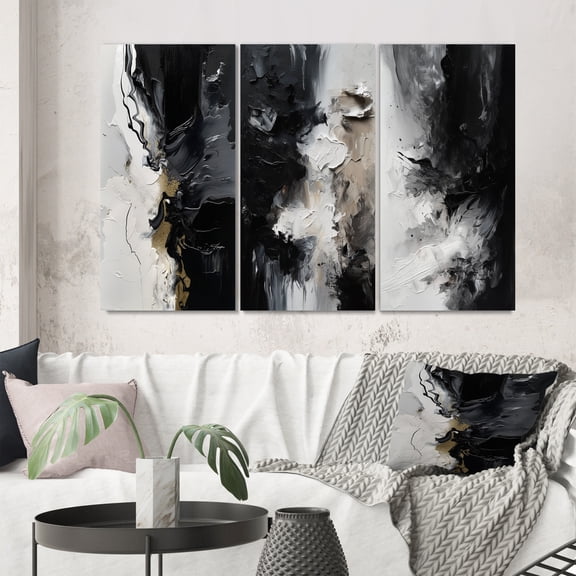 Designart "Textured Splash Black Paint Art III" Abstract Painting Wall Art Set Of 3 - Black Painting Gallery Set For Office Decor