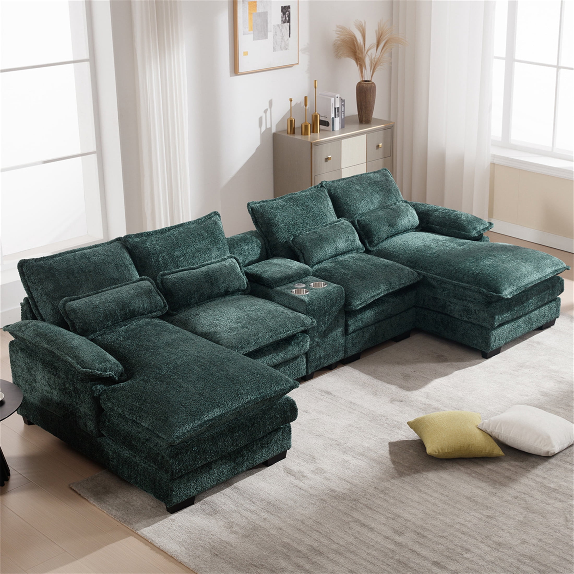 Aukfa 123" Oversized Sectional Sofa U-shaped Couch w/ Cupholder Console & USB Port for Living Room, Chenille, Green
