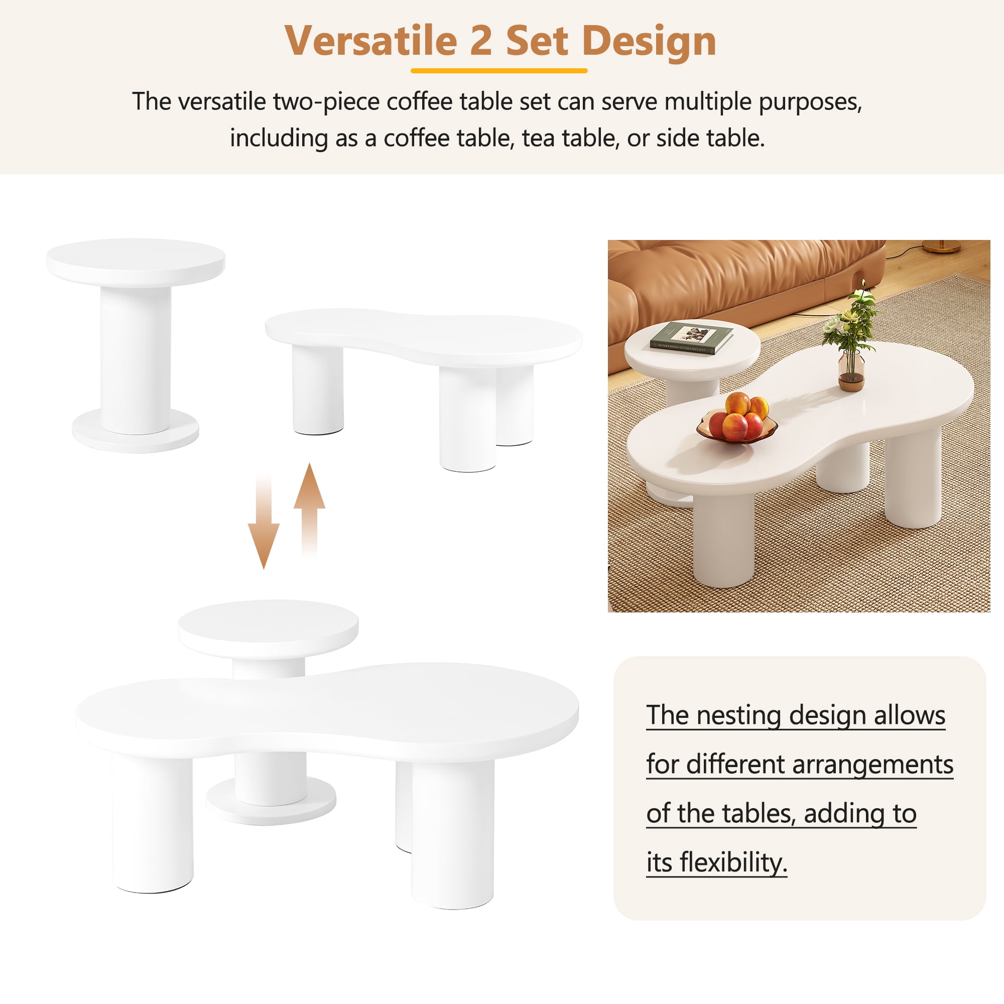 MAYEERTY Easy Assembly Nesting Coffee Table Set of 2, Cream Cloud Coffee Table & Round Side Table, Irregular Modern Center Table with Thick Legs for Living Room, White, 39.3" x 13.7", 15.7"