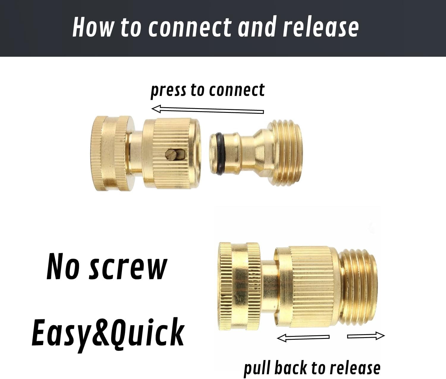 Garden Hose Quick Connector, Solid Brass Standard 3/4 inch GHT Threaded Couplings,Garden Hose Quick Connect Fittings Kit, Easy to Install,No-Leak Water Female and Male Connector (4-piece set)