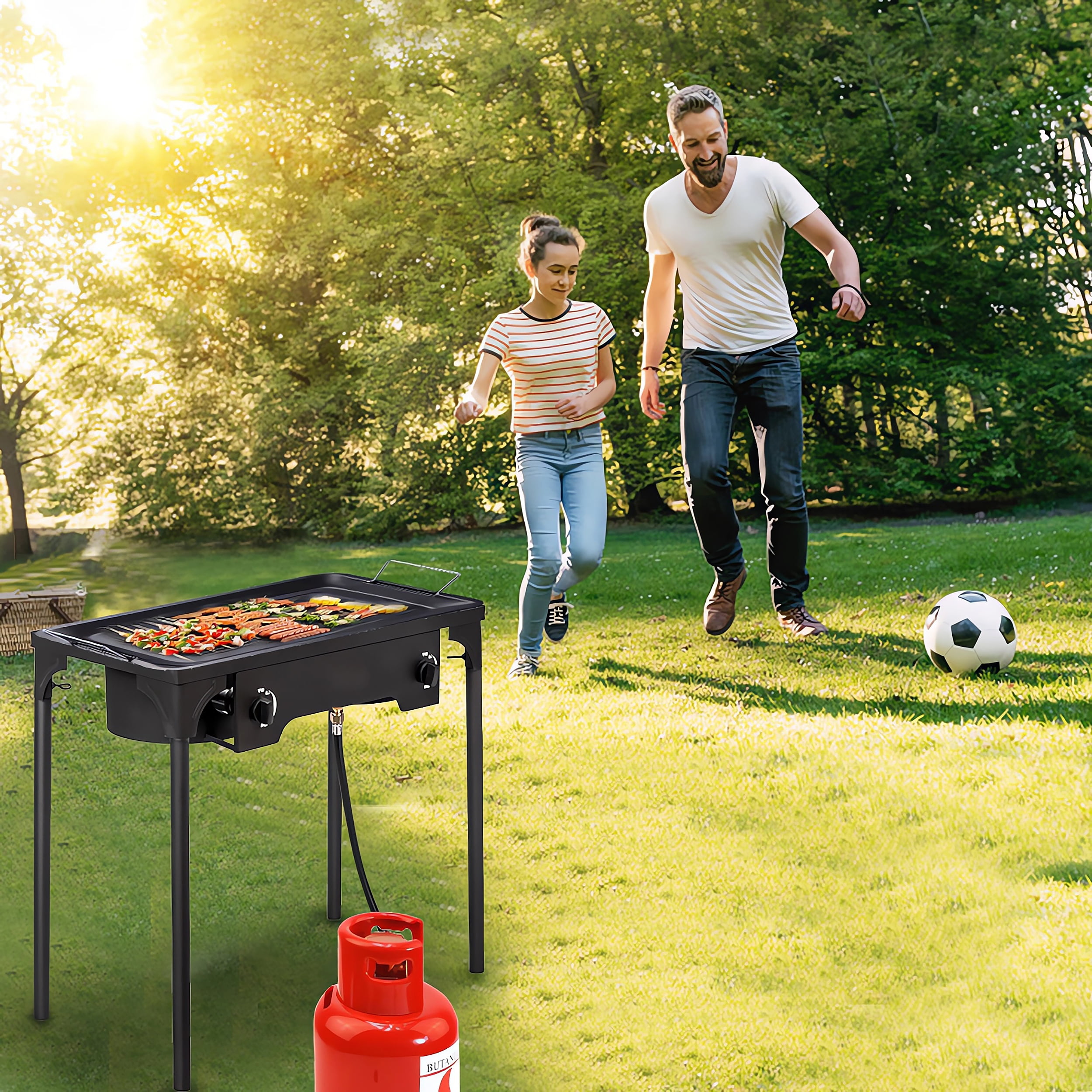 150,000 BTU Double Burner Propane Stove, Heavy-Duty Outdoor Portable Camp Stove with 4ft Steel Braided Hose and Removable Legs for Camping, Hunting, Backyard Bbq Cookouts