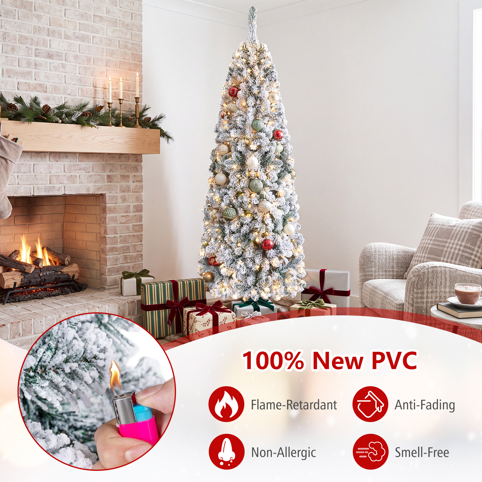 Costway 6ft Pre-Lit Snow Flocked Pencil Christmas Tree, White photo 6