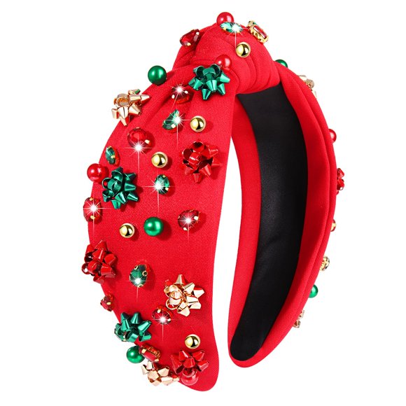 NVENF Jeweled Plaid Headband with Embellished Crystals and Pearls - Knotted Wide Top Knot Hair Accessory for Women Holiday Outfits & Gifts