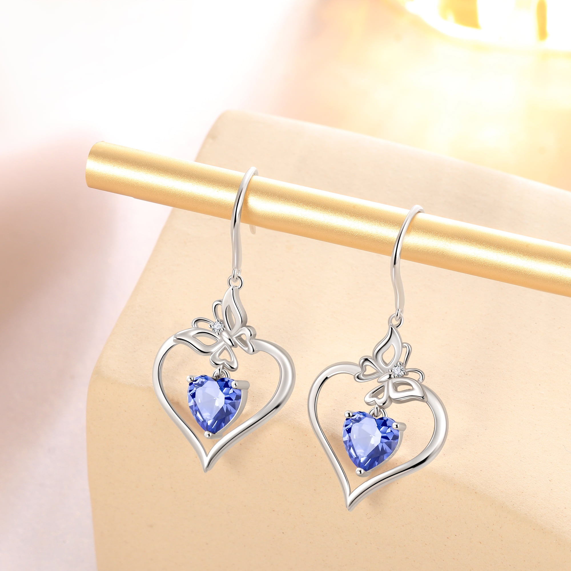 Beautlace 18K White Gold over Stering Silver Butterfly Dangle Drop Earrings,December Birthstone Heart Hook Earrings Jewelry Birthday Christmas Valentines Mothers Day Gifts for Women Mom