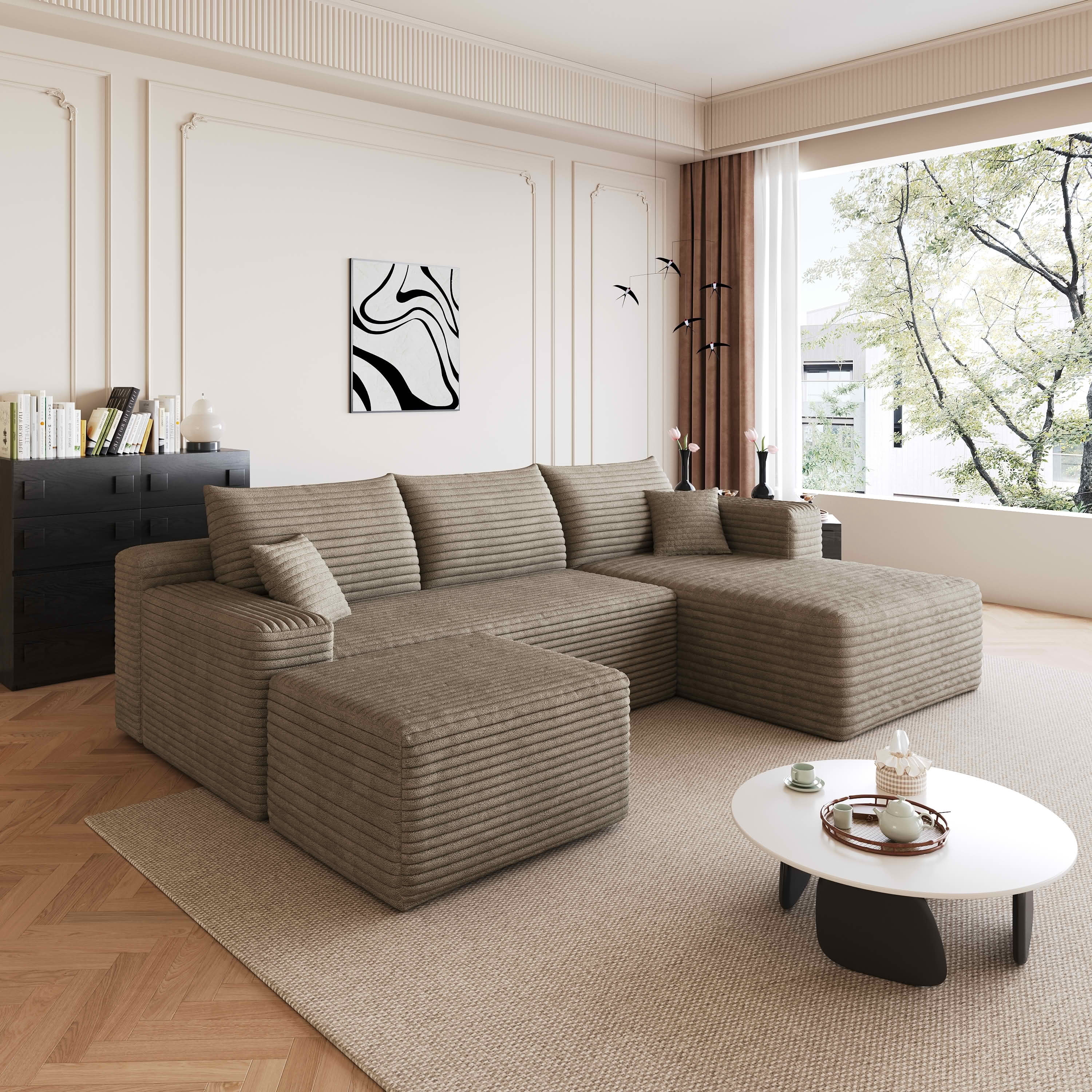 MAYEERTY 95" Cloud Sectional Sofa with Ottoman, U-Shaped Corduroy Deep Seat Couch, No Assembly for Living Room, Brown