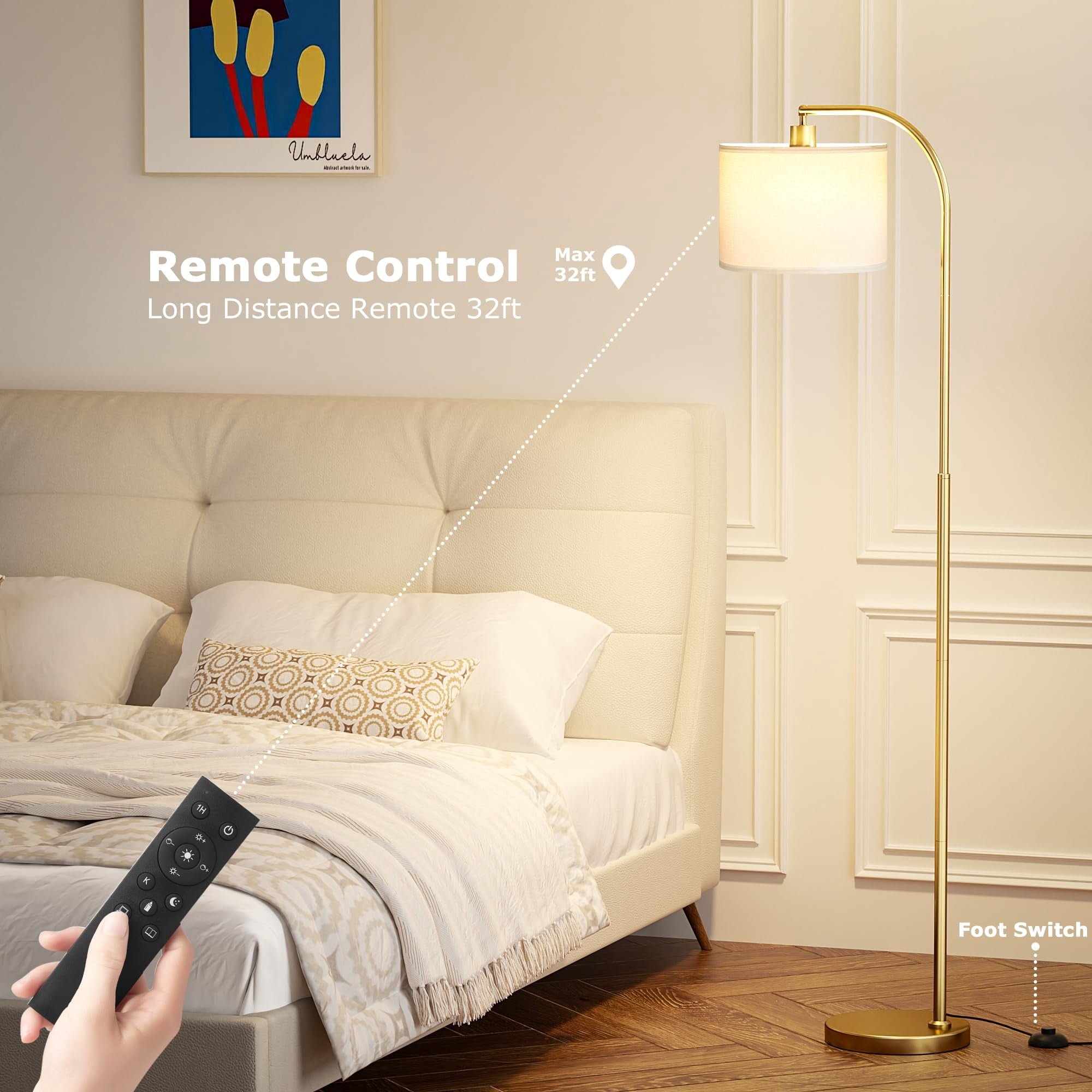 Arc Floor Lamp White & Gold With Remote And Stepless Dimmable Light For Living Room