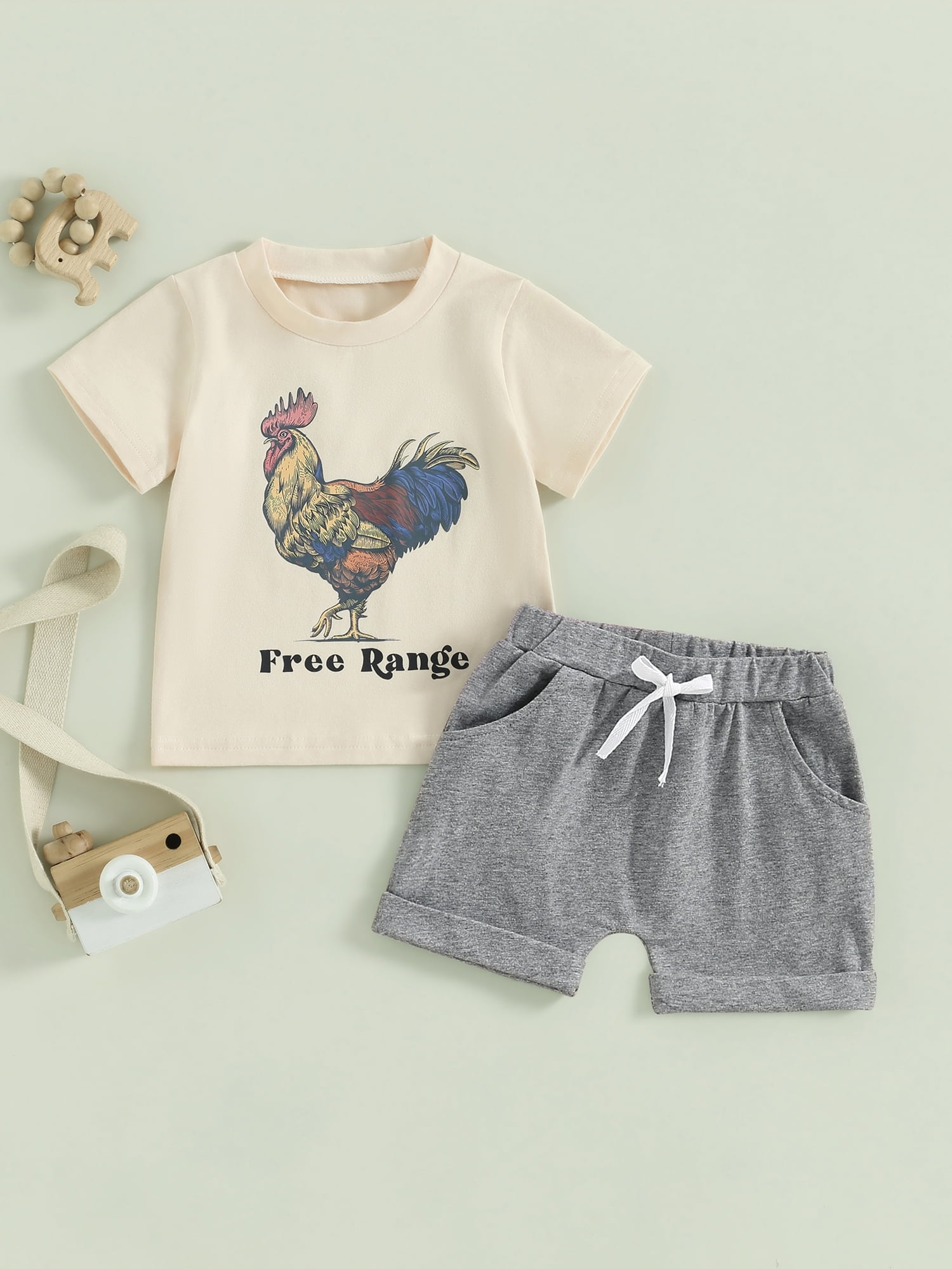 2Pcs Baby Kids Boy Summer Outfits 0 6 12 18 24 Months 2T 3T 4T 5T Short Sleeve Rooster Print T-Shirt + Shorts Set Infant Clothing