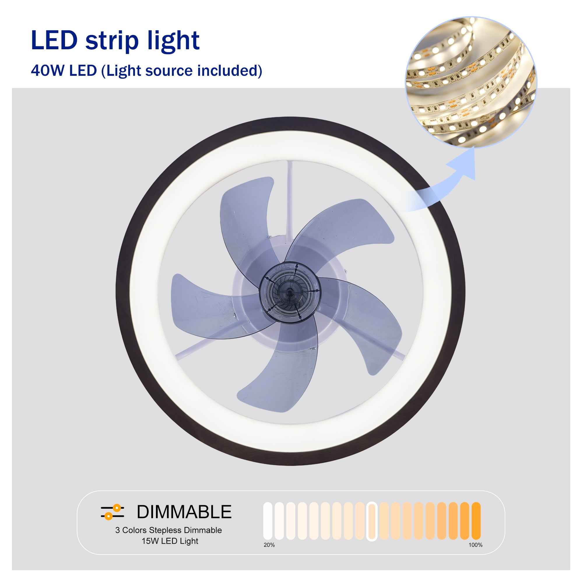 Leumius 20" Ceiling Fans with Light and Remote, 3000-6500K Dimmable Modern Flush Mount LED Fan Light, 6 Speeds, Quiet DC Motor for Living Room Bedroom Kitchen Black
