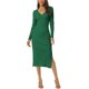 thumbnail image 2 of Vestido de suéter midi de punto ajustado con cuello en V y frente retorcido de manga larga para mujer, con abertura lateral, color verde, 2 of 7