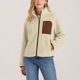 thumbnail image 2 of SuTry Women's Fleece Jacket Stand Collar Full Zip Sherpa Texture Contrast Pocket Drop Shoulder Relaxed Fit Long Sleeve Winter Casual Daily Wear Outerwear, 2 of 9