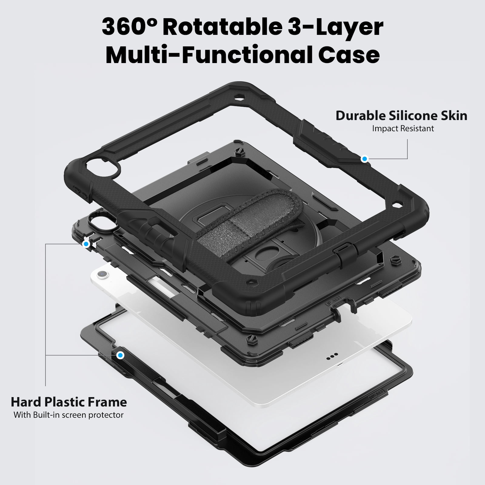 Dteck Full Body Case for iPad Air 13 inch 2025/2024,Shockproof 3-Layer Protection Case with Screen Protector 360° Rotating Stand Built-in Pencil Holder Cover with Hand/Shoulder Strap,Black