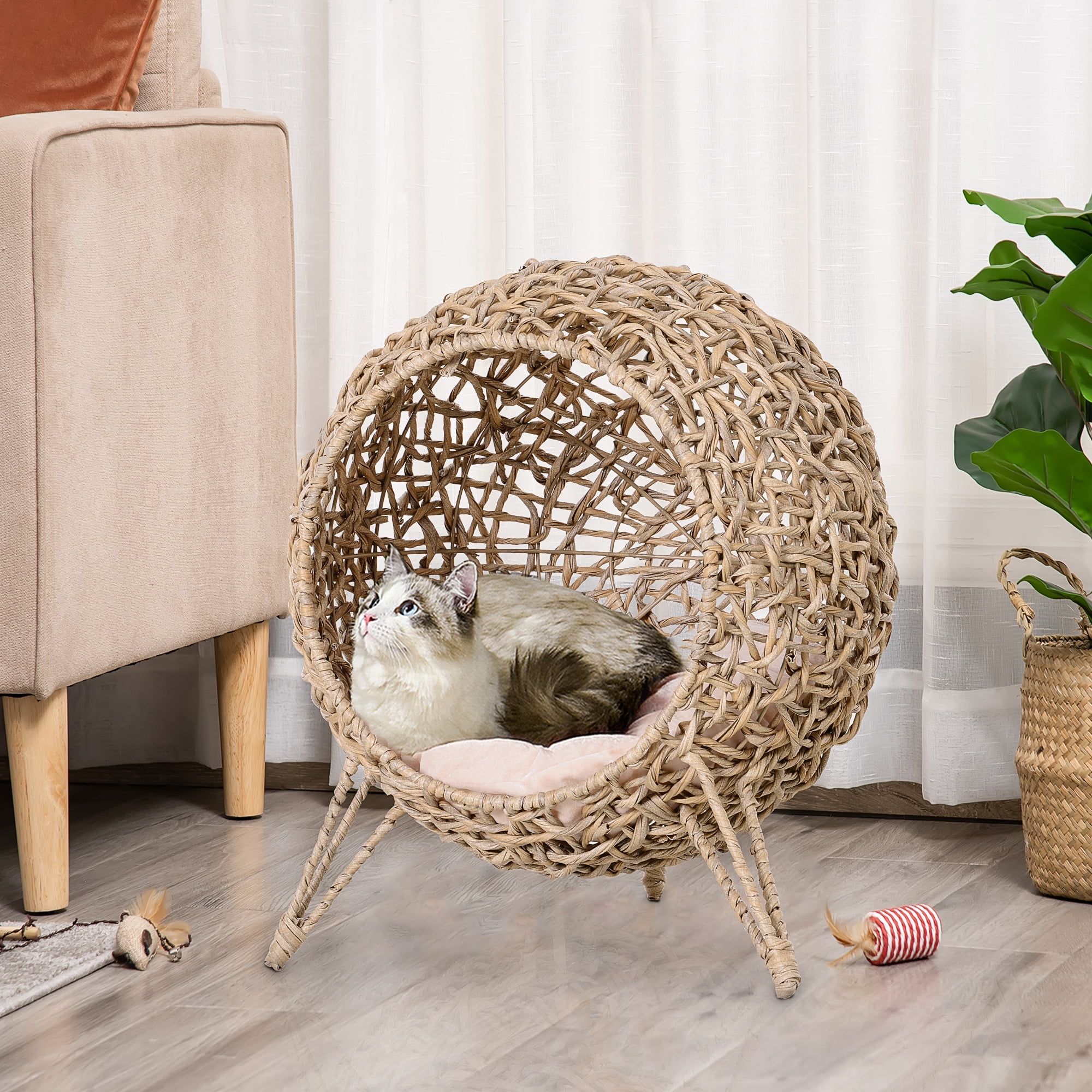 20.5" Weaved Cat Bed, Elevated Hand-woven Braided Banana Leaf Kitten House Condo with Cushion, Beige