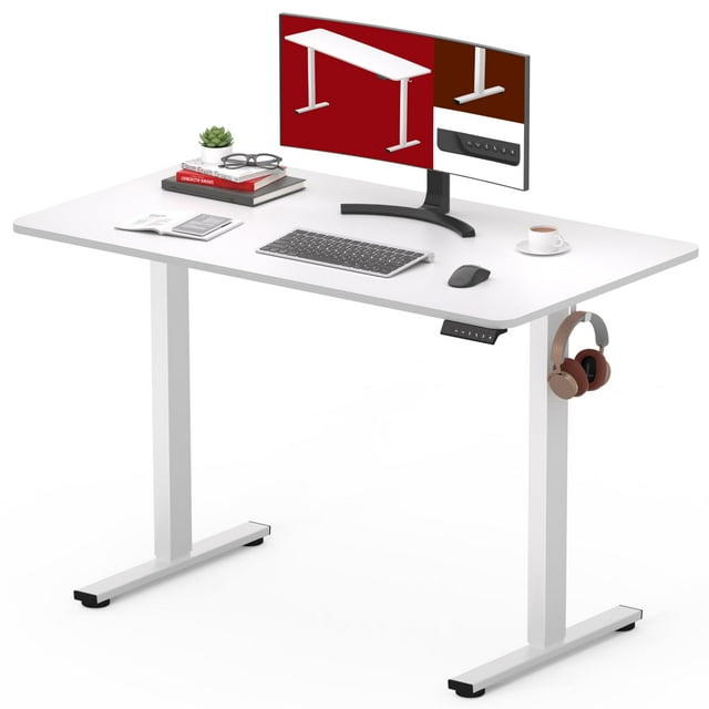 SANODESK Electric Standing Desk with a 40 x 24-inch whole-piece white tabletop and white frame. The desk features a height-adjustable design with a 6-button controller for ergonomic use. Shown in a home office setup with a monitor, keyboard, mouse, books, and a cup of coffee on the surface. A pair of headphones hangs on the side hook.