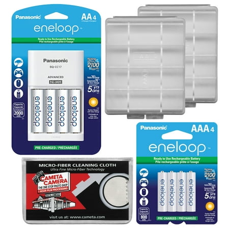 Panasonic eneloop (4) AA 2000mAh Pre-Charged NiMH Rechargeable Batteries & Charger + (4) AAA Batteries + (2) Battery Cases +