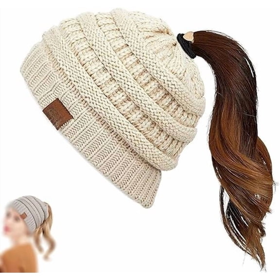 Women's Ponytail Beanie Hat, Winter Warm Knit Slouchy Beanie with Criss-Cross Opening for High Buns & Ponytails（White B）