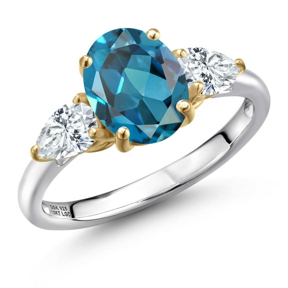 Gem Stone King 925 Silver and 10K Yellow Gold London Blue Topaz and White Moissanite Engagement Ring for Women | 3.05 Cttw | Oval 9X7MM | Gemstone November Birthstone | Size 8