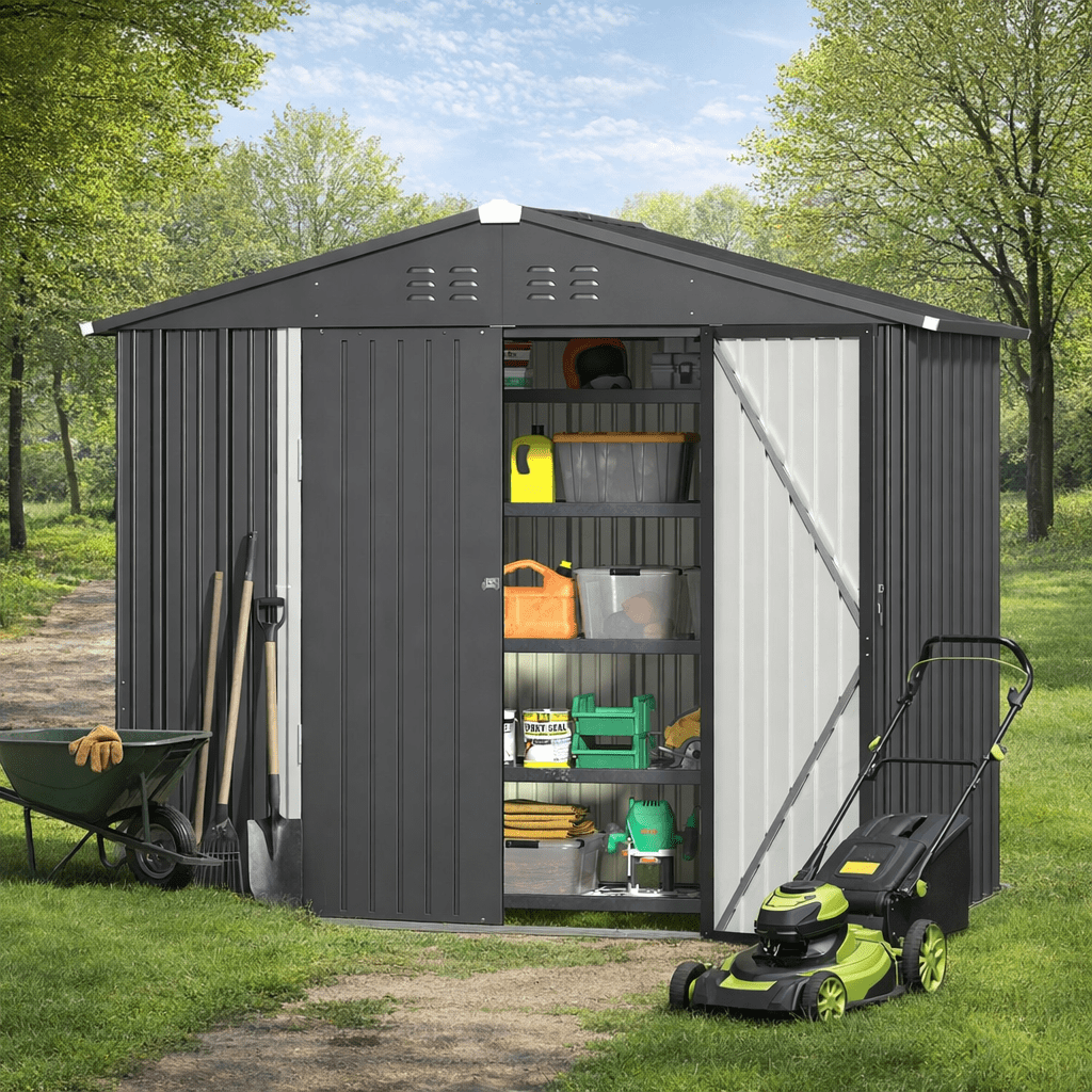 8x6 Outdoor Storage Clearance Shed, Galvanized Metal Garden Shed with Double Lockable Doors for Backyard Patio Lawn, Dark Grey