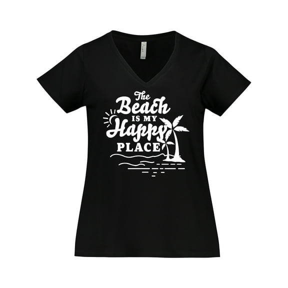 Inktastic The Beach is My Happy Place with Palm Trees Women's Plus Size V-Neck T-Shirt