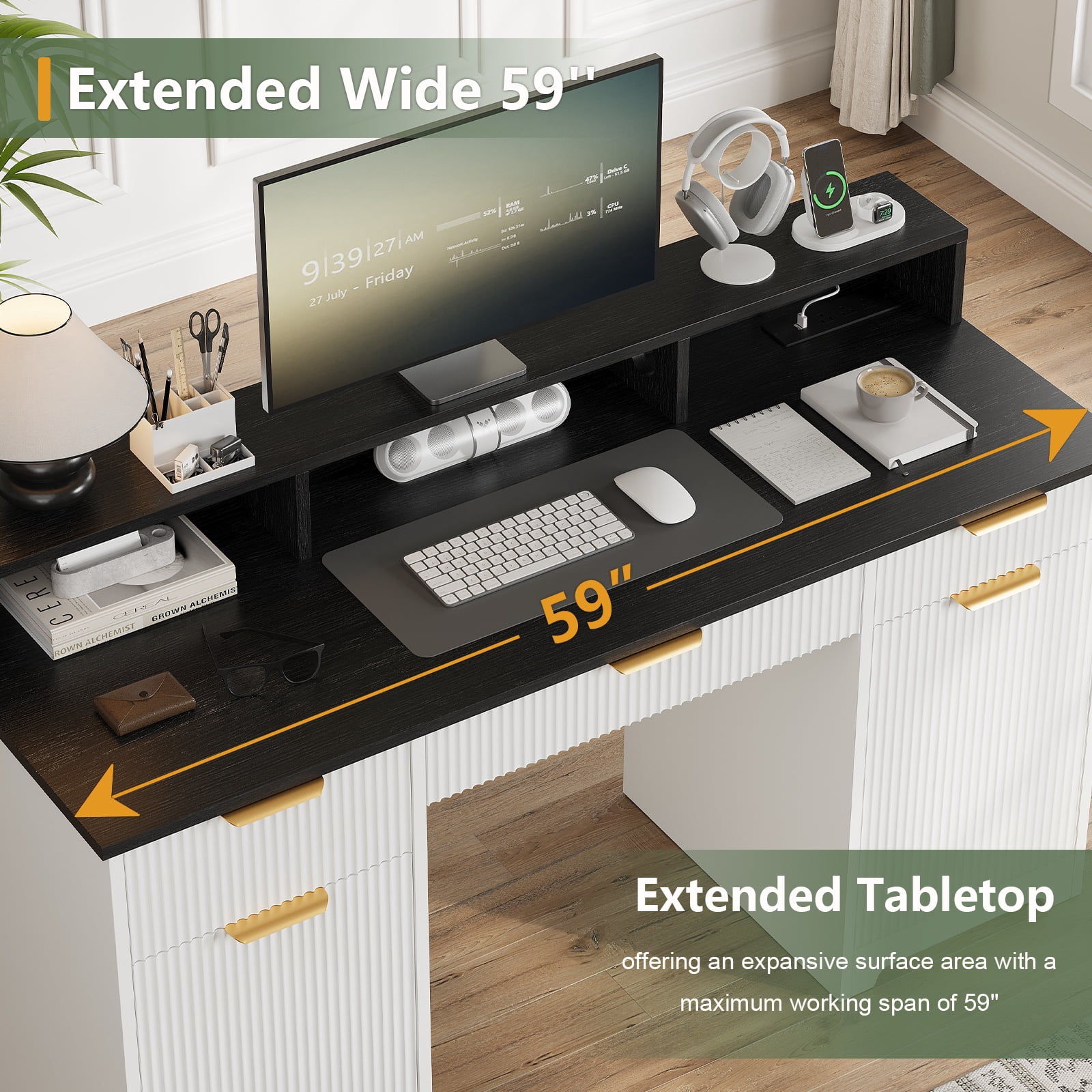 Executive Office Desk, 59" Computer Table with Power Outlets and Monitor Stand, Home Office Writing Desk with Keyboard Storage Drawer and File Cabinets, White & Black