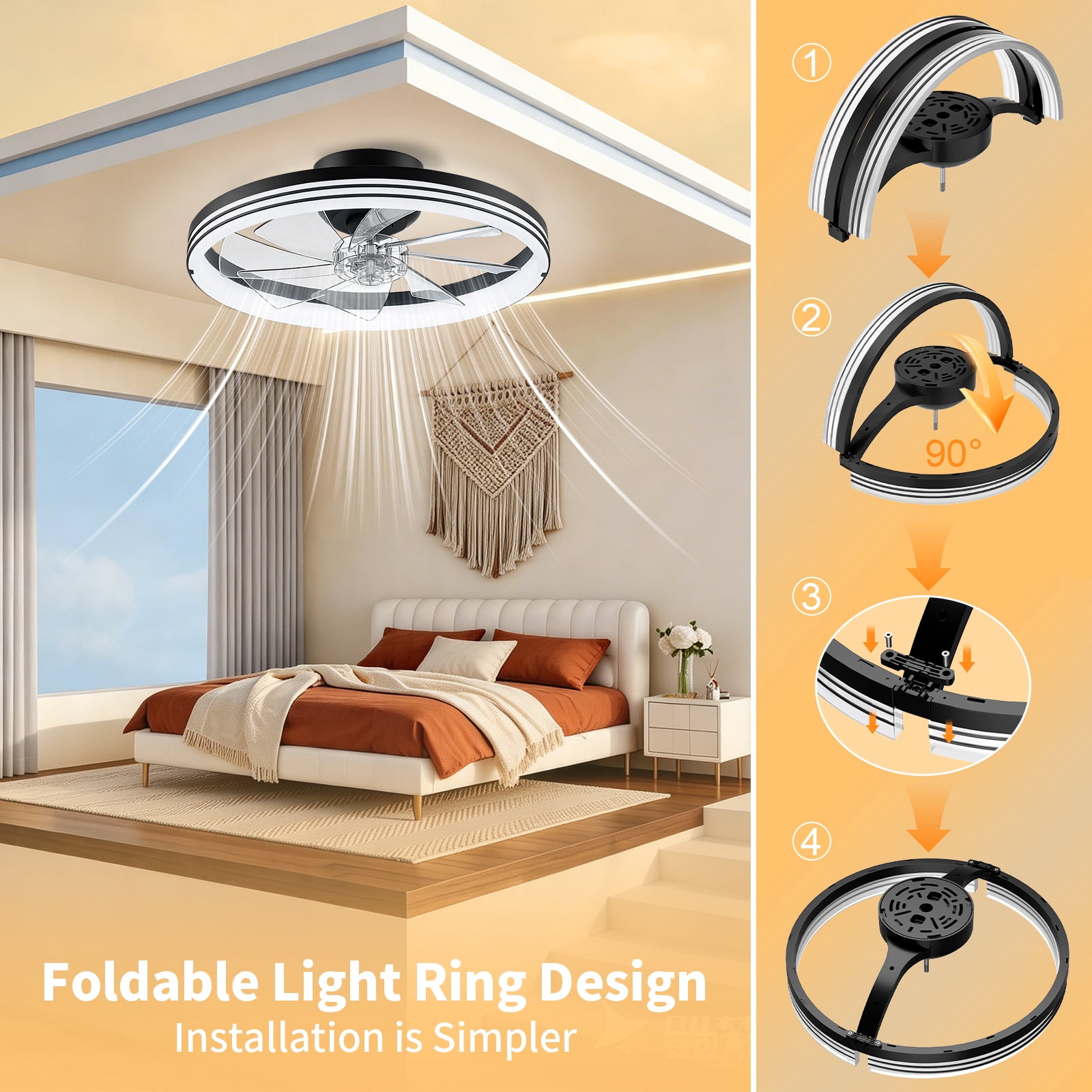 Ceiling Fan with Light, 20" Modern Low Profile Foldable Ceiling Fans with 6 Wind Speeds, Dimmable Smart Ceiling Fan Light with Remote