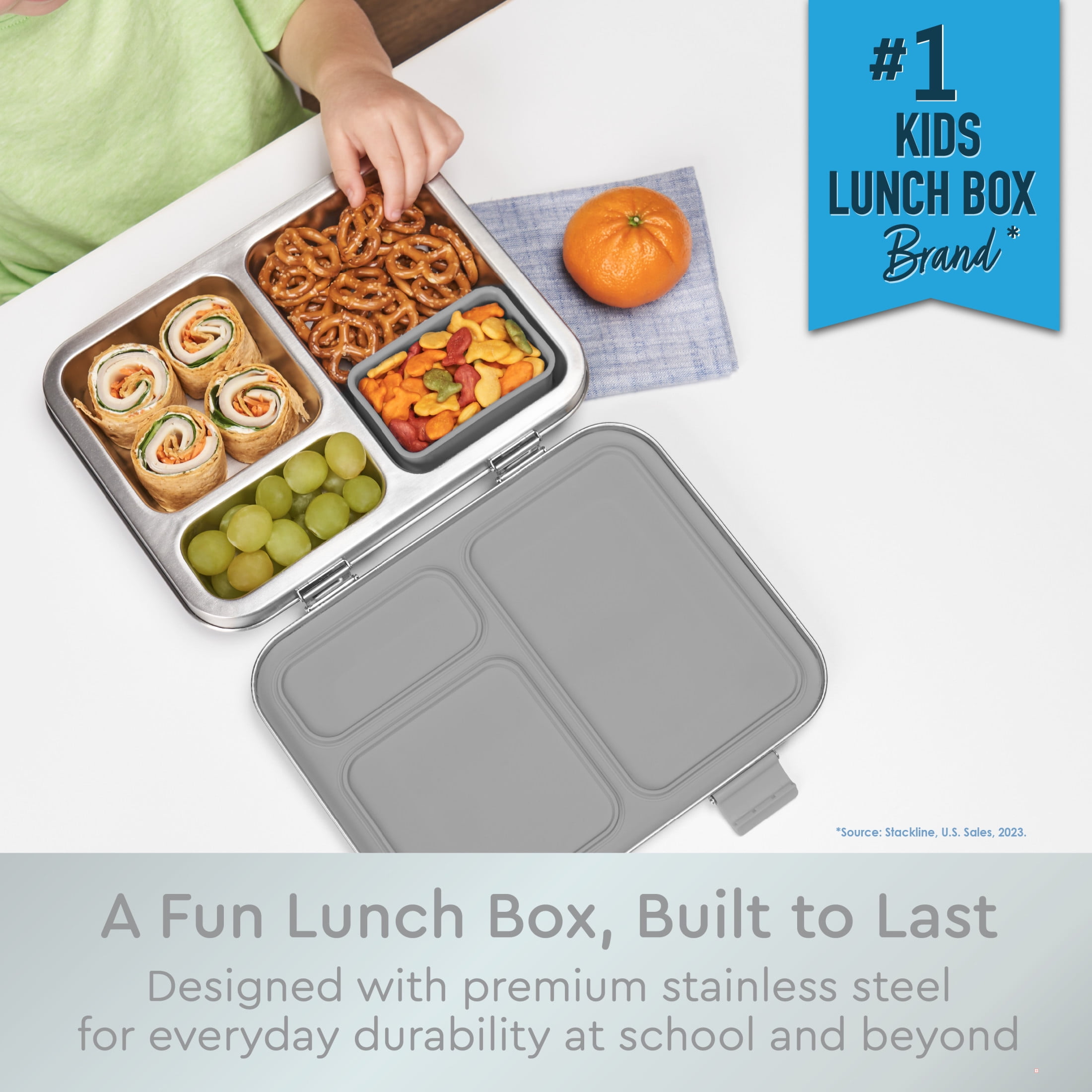 Bentgo Kids Stainless Steel Leak-Resistant Lunch Box - 3-Compartments with Bonus Silicone Container, Durable, Eco-Friendly, Dishwasher Safe, BPA-Free, Ideal for School, Ages 3+ (Silver)