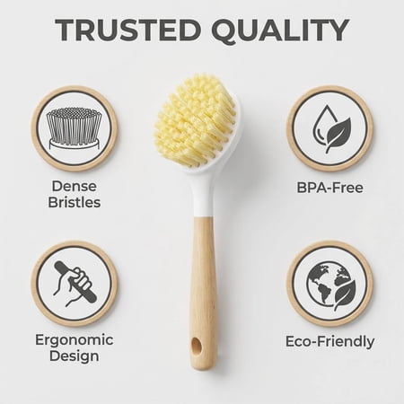 Giunmcul Wooden Handle Kitchen Brush Stiff Bristle Pot Pan Sink Scrubber Hanging Design Ergonomic Household Cleaning Gift for Grandma Mom Wife Home Cooks