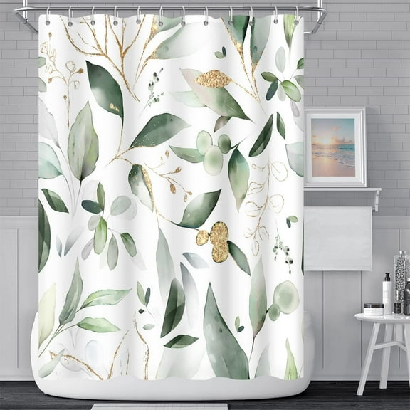Abstract Eucalyptus Leaves Shower Curtains Sage Green Gold Branches Leaf Nature for Bathroom Farmhouse Style Home Decor Waterproof Polyester Fabric Shower Curtain with Hooks, 72x84 Inch