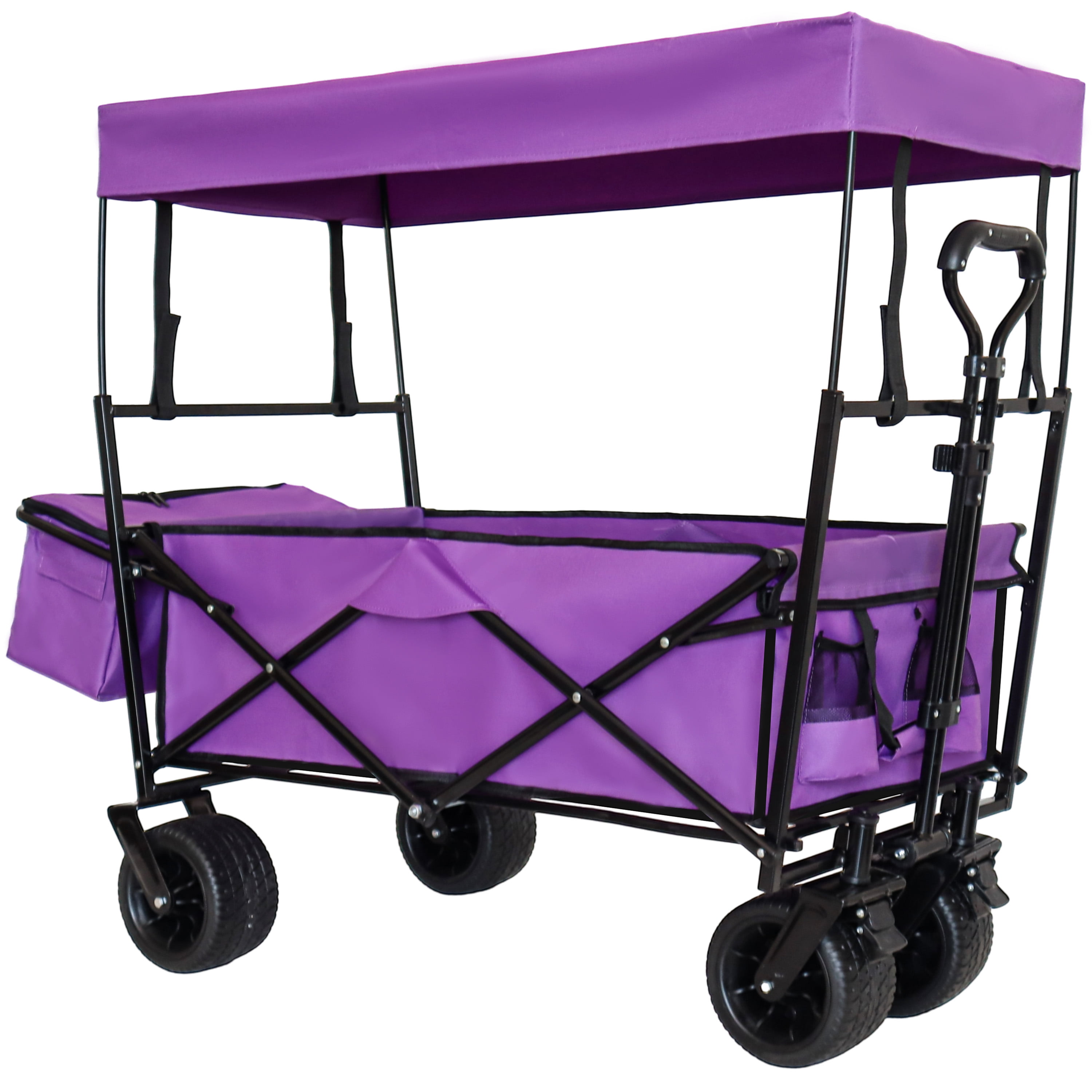 480Lbs Capacity Foldable Wagon with Canopy, 7" All-Terrain Wheels Collapsible Utility Cart for Camping, Shopping & Outdoor Use, Purple