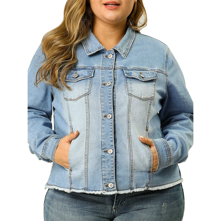 Unique Bargains Women's Plus Size Washed Front Frayed Classic Denim Jacket  