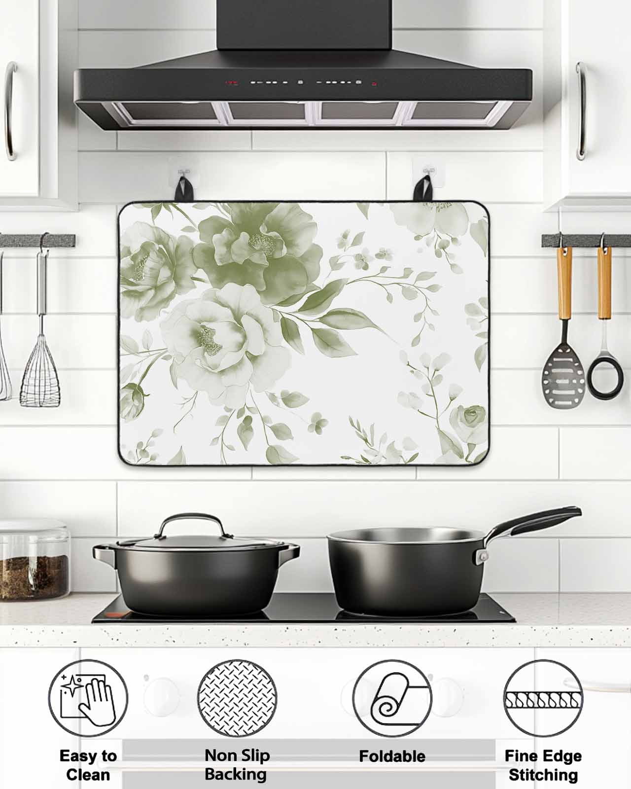 Stove Top Covers for Electric Stove, Sage Green Flower Glass Stovetop Cover Protector, Watercolor Gradient Retro Floral Induction Cooktop Protector Oven Mat for Kitchen Countertop 24"x21"