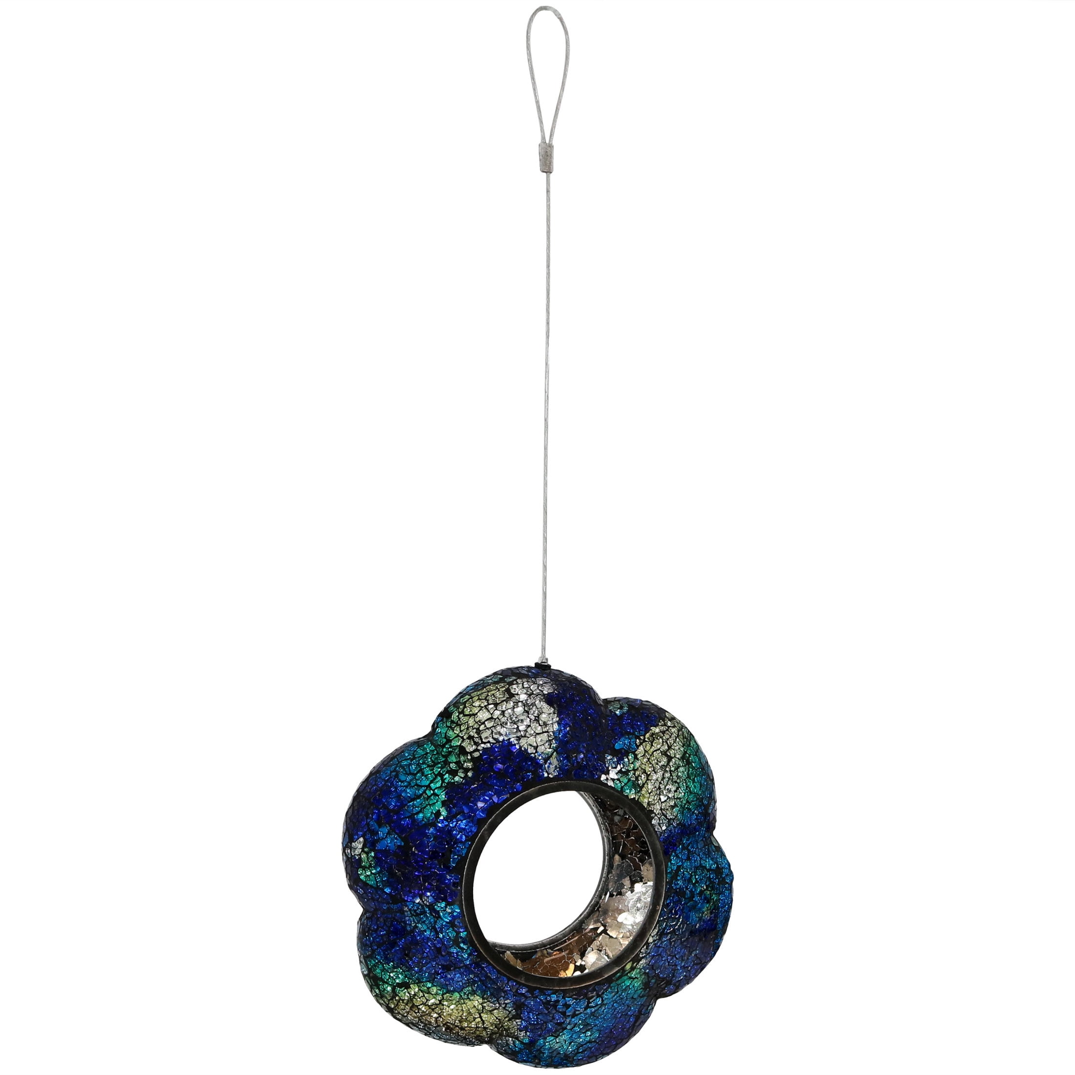 Sunnydaze Outdoor Garden Patio Glass Round Flower Shaped Hanging Fly-Through Bird Feeder - 9" - Indigo